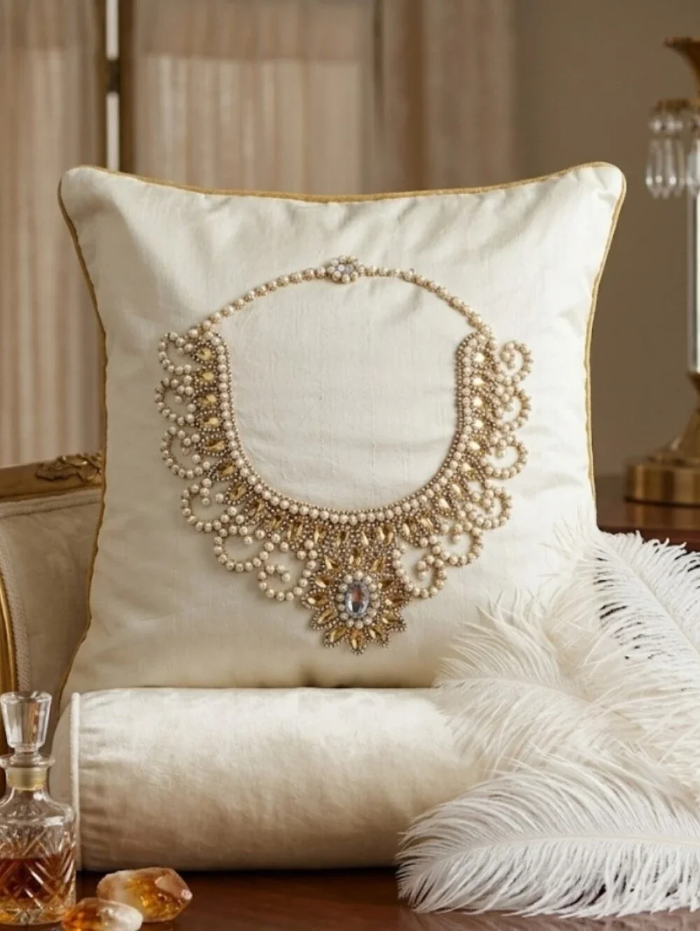Luxury Hand-Beaded Cream Pillow 16x16 – Pearl Amber Crystal Feather Throw Pillow